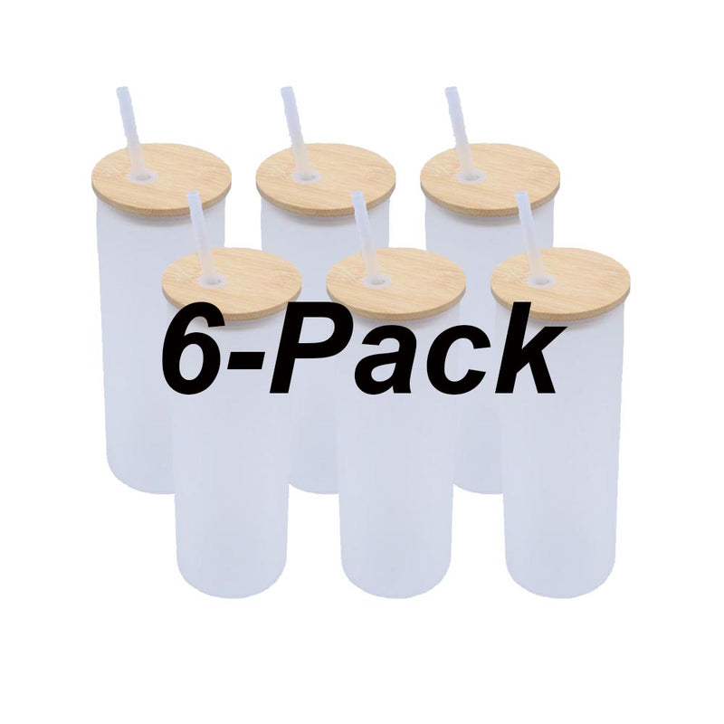Sublimation Glass Skinny Tumbler with Bamboo Lid and Two Straws 17 oz 6 Pack